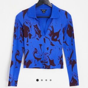 Monki Abstract Blue and Brown Blouse